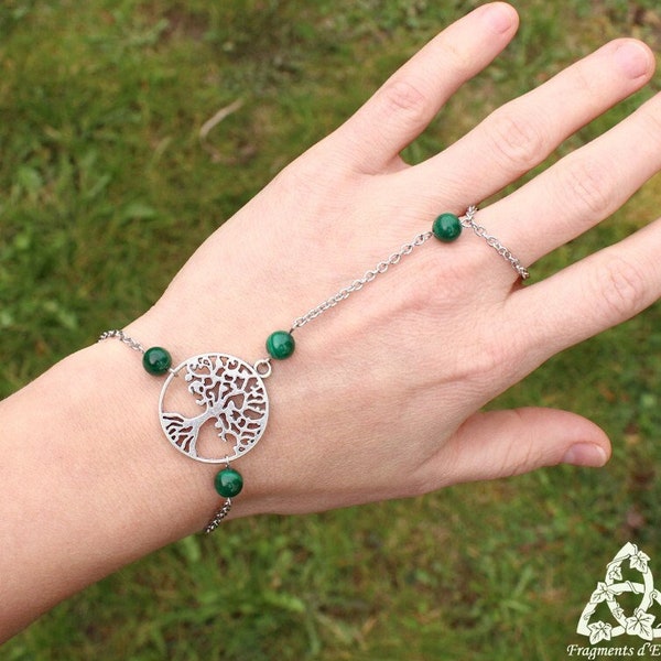 Bracelet de main Arbre de Vie Malachite, bijou elfique vert argenté, bague celtique Yggdrasil, mariage médiéval, magie ésotérique wicca