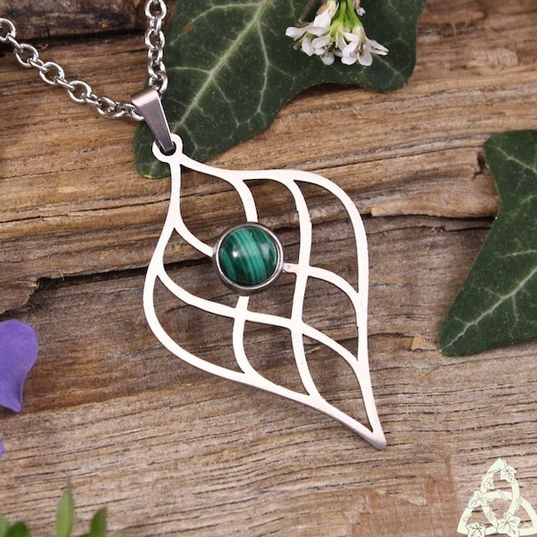 Collier Larme elfique Malachite, entrelacs fins, bijou acier inox, mariage médiéval vert forêt, Art Nouveau, victorien, nature féerie magie