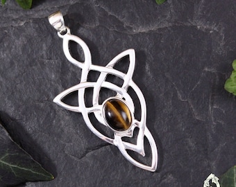 Silver and Tiger's Eye elven pendant, Celtic knot interlacing necklace, magic fairy medieval jewel, wicca esotericism, protection