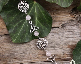 Bracelet entrelacs elfiques Quartz Rose, bijou elfique volutes, mariage médiéval, noeud celtique triquetra argenté, pierre gemme, ésotérisme
