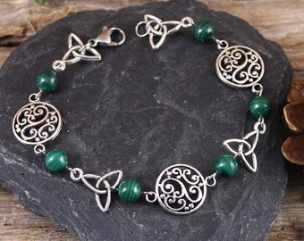 Bracelet entrelacs elfiques Malachite, féerique médiéval celtique, argenté vert, magie païen wicca, mariage bohème nature, volutes triquetra