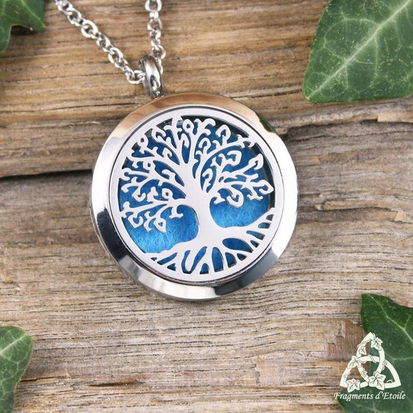 Collier aromathérapie Arbre de Vie bleu, pendentif durable acier inox argenté, magie féerique, bijou bien-être nature forêt médiéval fantasy