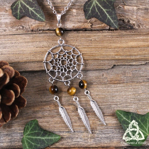 Collier attrape rêve Oeil de Tigre, dreamcatcher amérindien, pendentif plumes argenté et brun, magie wicca, bijou mariage médiéval féerique