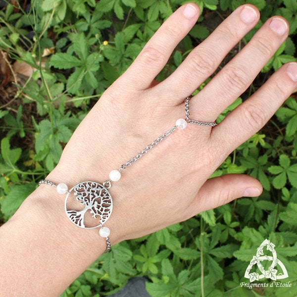 Bracelet de main Arbre de Vie Pierre Lune arc-en-ciel, bijou magie elfique blanc argent, bague celtique Yggdrasil, mariage médiéval féerique