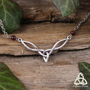 Fine Celtic Triquetra Garnet necklace, silver red medieval interlacing knot, pagan wicca, gothic magic esoteric witch symbol jewelry