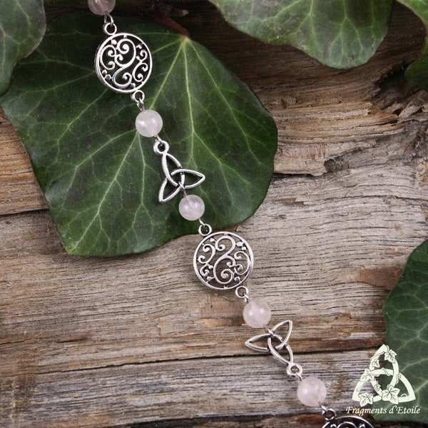 Bracelet entrelacs elfiques Quartz Rose, bijou elfique volutes, mariage médiéval, noeud celtique triquetra argenté, pierre gemme, ésotérisme