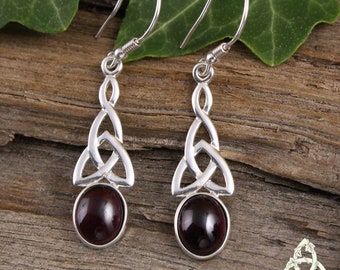 Boucles d'oreilles celtiques en Argent et Grenat, bijou médiéval entrelacs elfique, pierre ésotérique rouge, wicca magie, pendant gothique