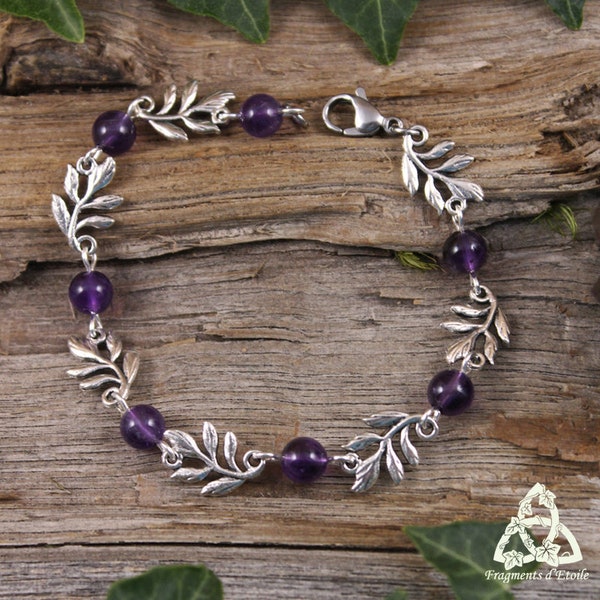 Bracelet elfique petites Feuilles Améthyste, bijou féerique argenté et violet, mariage médiéval païen, magie ésotérisme wicca, pierre gemme