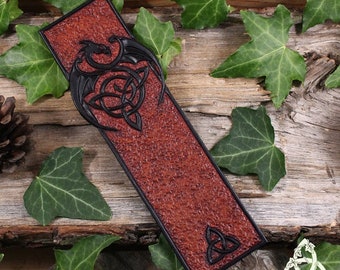 Celtic Dragon leather bookmark, fairy gothic medieval, black brown brown, book reader, mixed man, Triquetra pagan wicca, repoussé
