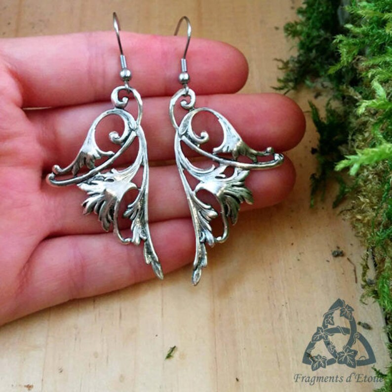 Long-silver Victorian fairy wing earrings dangling interlacing esoteric magic medieval magic pagan rebirth