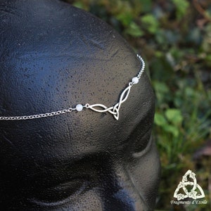 Celtic tiara Triquetra White Peristerite, medieval fairy tiara, silver headband, wicca witch, elven forehead jewel, wedding