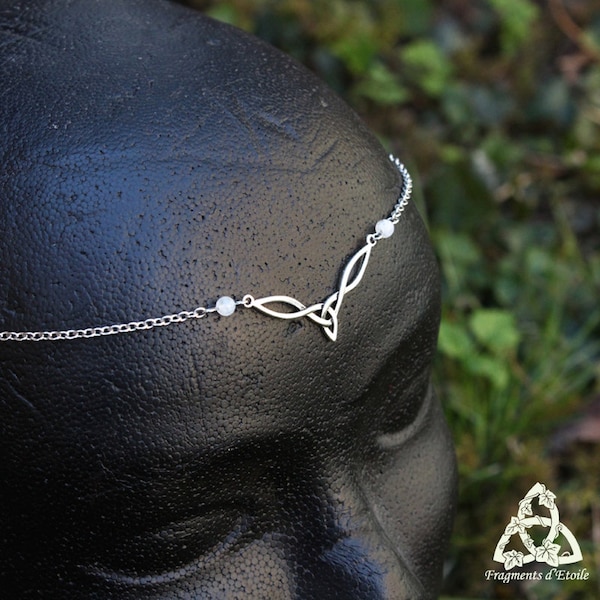 Keltische Tiara Triquetra White Peristerite, mittelalterliche Feen-Tiara, silbernes Stirnband, Wicca-Hexe, Elfen-Stirnjuwel, Hochzeit