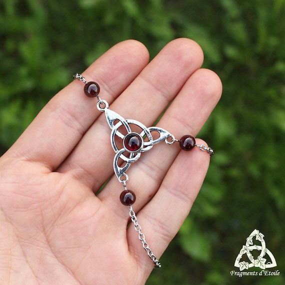 Celtic Garnet Triquetra Hand Bracelet, Elven Interlacing Knot, Red