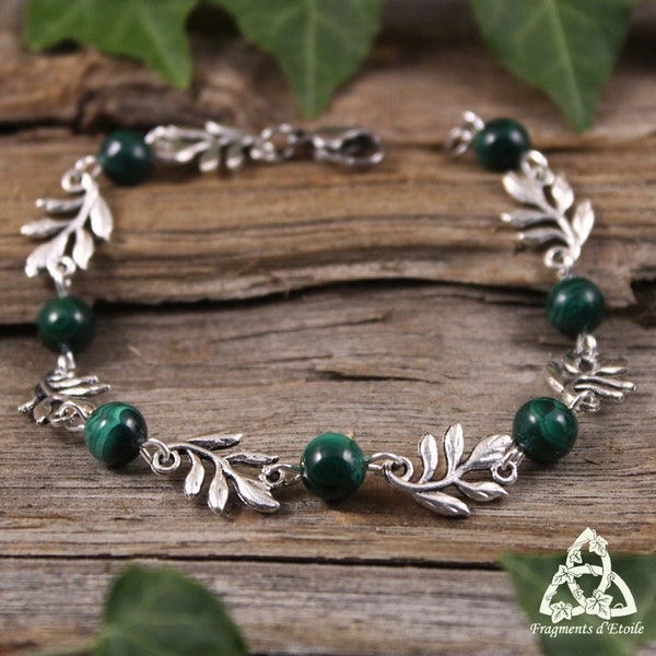 Bracelet  féeriques Feuilles Elfiques Malachite, argenté vert, bijou mariage médiéval branche, magie ésotérisme païen wicca, bohème nature