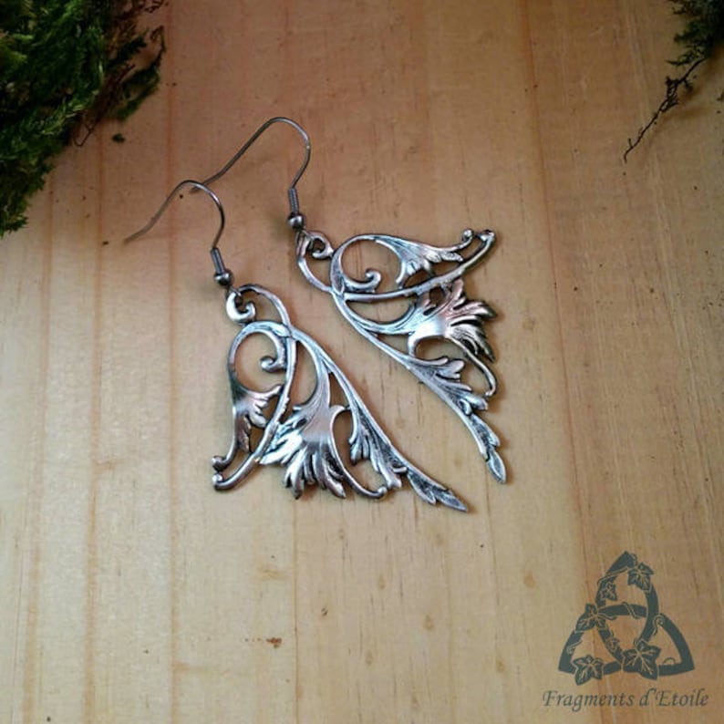 Long-silver Victorian fairy wing earrings dangling interlacing esoteric magic medieval magic pagan rebirth