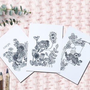 Set da cartolina da colorare di 3 / Design degli uccelli / Attività del bambino / Ti amo / Home Decor, Amore in quarantena, Mal Postkarten, colorazione per adulti