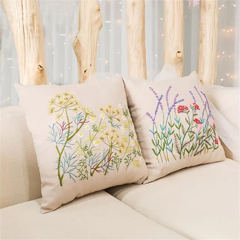 Floral Cushion Cover DIY Embroidery Kit Printed Pattern Linen Etsy