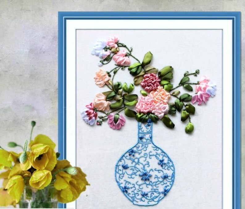 Oriental Vase Diy Ribbon Hand Embroidery Kit Marked Pattern Etsy