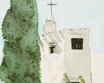 Binibeca Church, Menorca original watercolour painting