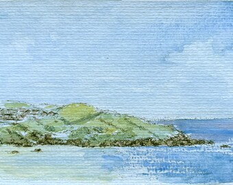 Watercolour Painting : West Pentire Headland, Newquay – original A6 painting supplied mounted to fit 9 x 7 inch frame