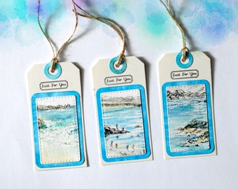 Gift Tags Cornish Coast Scenes– handmade from original watercolours. Set of 3 large tags.