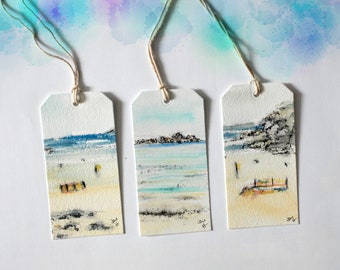 Beach Scenes Gift Tags from original watercolour paintings. Set of 3 large tags.