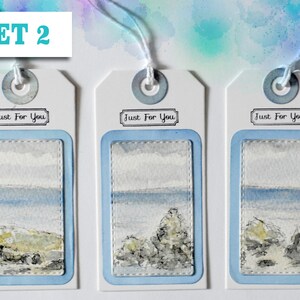 set 2 - 3 gift tags featuring watercolour paintings of Kynance Cove