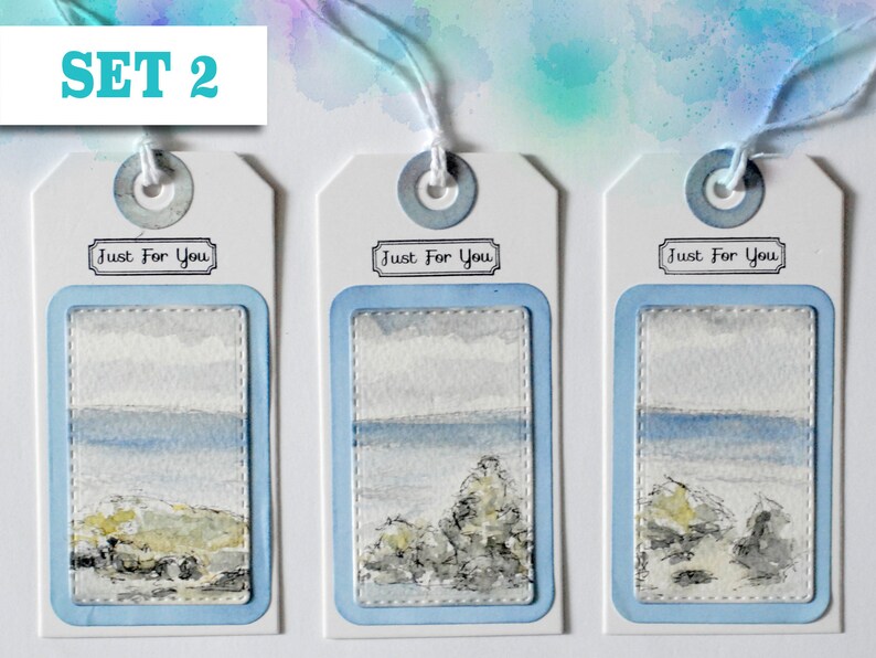 set 2 - 3 gift tags featuring watercolour paintings of Kynance Cove