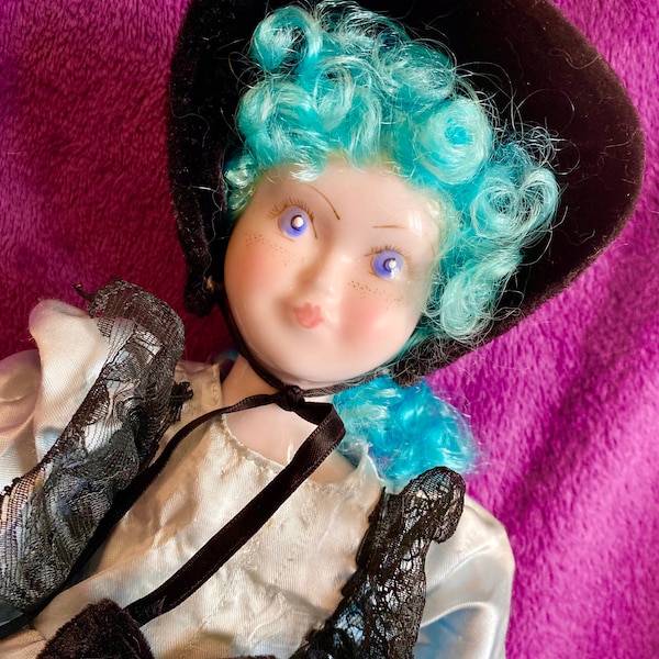 Unique OOAK Blue Hair Doll - Rare Vintage China Doll - Pale Porcelain - Quirky Curios - Velvet Dress, One Of A Kind Collectible