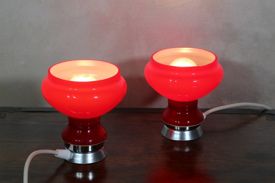 Vintage Pair Space Age Red Table Lamps / Mid Century European Lights