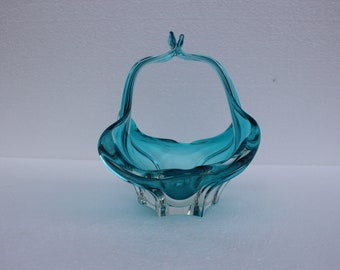 Murano Basket Turquoise Blue / Italian Art Glass Basket / Venetian / 1950s