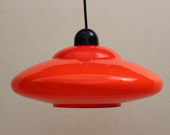 Vintage Space Age Hanging Lamp / UFO Pendant Light / Red Glass / Flying Saucer Shape / Atomic / Rewired Vintage Light / 1970s