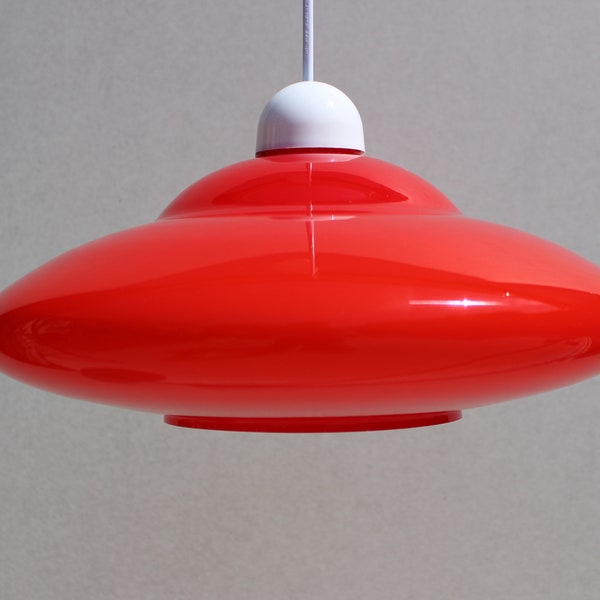 Vintage Space Age Hanging Lamp / UFO Pendant Light / Red Glass / Flying Saucer Shape / Atomic / Rewired Vintage Light / 1970s