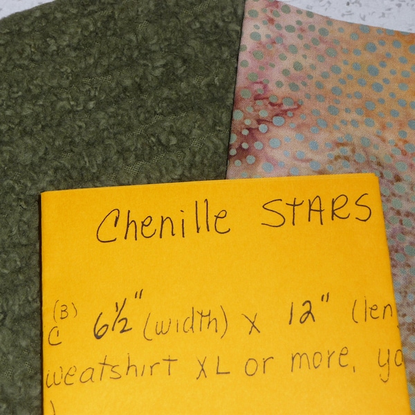 Chenille stars applique pattern with fabric, chenille & batik applique, star applique, applique on a sweatshirt, applique on a t-shirt