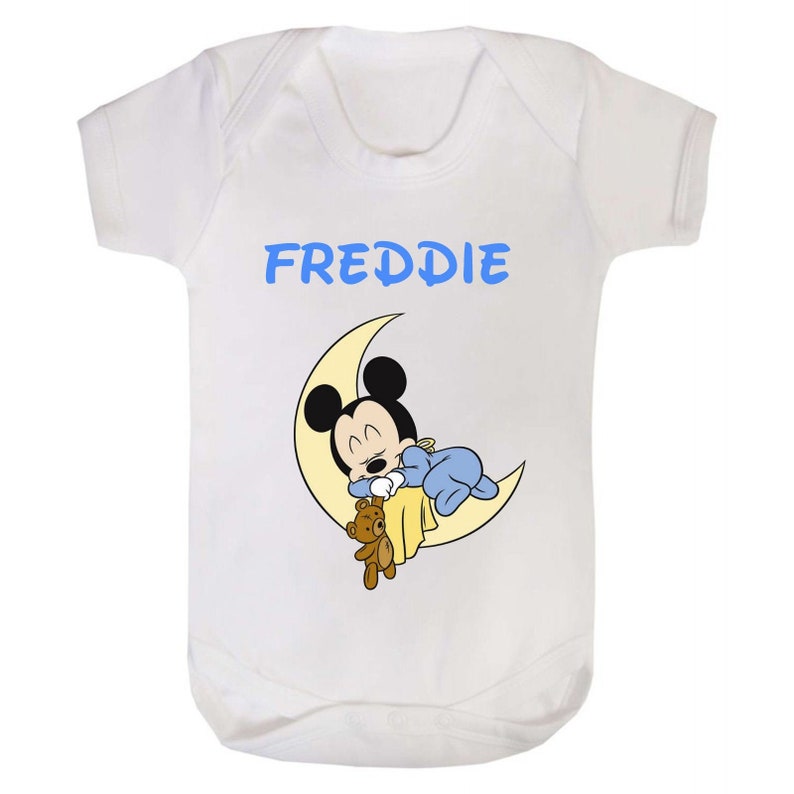 Boys Baby Mickey Mouse in the Moon printed baby vestbodysuit printed with the name of your choice.