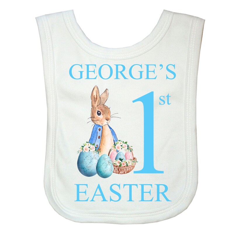 Boys Peter Rabbit 1st Easter Personalised Baby Bib \u2013 Printed with The Name of Your Choice
