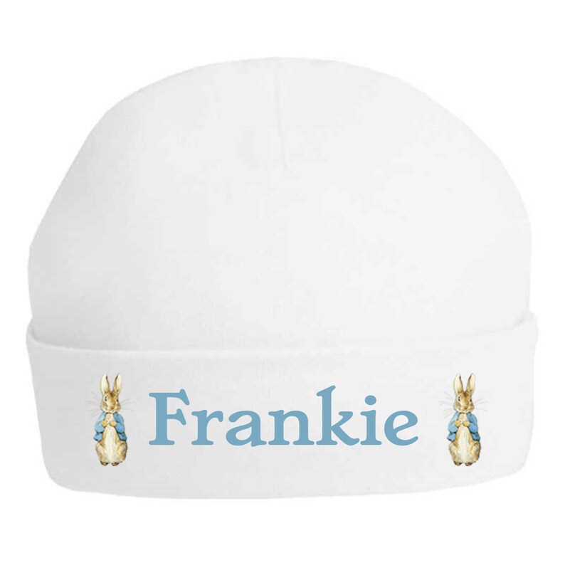 Personalised Boys Peter Rabbit 100/% Double Layered Cotton Hat Printed with baby name 13 Letters Max