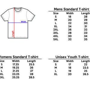 May include: A chart showing the size measurements for men's, women's, and youth t-shirts. The chart shows the width and length measurements in inches for each size.