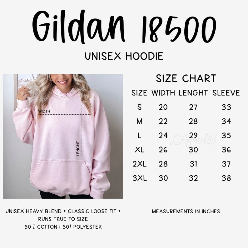 May include: Size chart for a unisex Gildan 18500 hoodie. The chart shows measurements in inches for width, length, and sleeve length for sizes S through 3XL. The hoodie is a heavy blend of cotton and polyester with a classic loose fit.