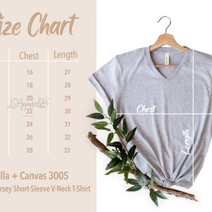 May include: Size chart for a Bella + Canvas 3005 unisex jersey short-sleeve V-neck t-shirt. The chart shows chest and length measurements in inches for sizes XS to 3XL.