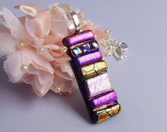 Pink purple iridescent fused glass pendant. Dichroic glass mosaic necklace. Dichroic glass pendant. Striped purple pink glass pendant