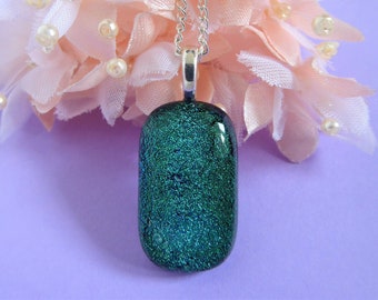 Green fused glass pendant. Emerald green dichroic glass pendant. Green iridescent necklace. Green glass necklace. Green glass pendant