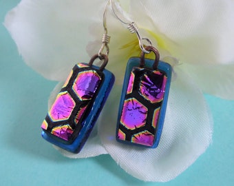 Pink/blue dichroic glass earrings. Pink honeycomb fused glass earrings. Pink hexagon earrings. Geometric earrings. Pink-blue glass earrings