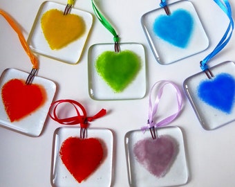 Fused glass heart suncatchers. Red glass heart. Pink glass heart. Colourful hanging heart. Sweetheart or Valentines gift. Blue heart glass.