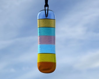 Fused glass suncatcher. Striped glass hanging. Stained glass suncatcher. Colourful glass hanging. Bright glass hanging. Colourful glass.