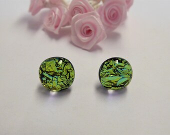 Lime green fused glass earrings.  Pale green dichroic glass stud earrings. Green glass earrings. Fused glass green stud earrings.