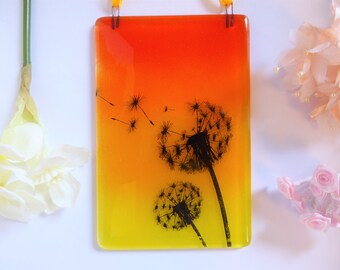Fused glass flower suncatcher. Orange yellow fused glass dandelion suncatcher. Sunset fused glass art. Dandelion sunset silhouette.