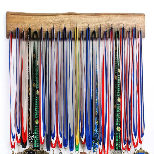 Natural Walnut  Live Edge Wood Medal Wall Holder Organizer  / Medal Organizer Ribbon Display Holder Rack Hooks Awards Sports Running Dance