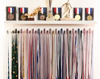 Large Medal Wall Holder Wide Top Shelf / Trophy Medal Ribbon Display Holder Rack Hooks Awards Plaques for Sports Running Danc