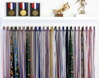 Medal Wall Holder with Shelf / Trophy Medal Ribbon Display Holder Rack Awards Plaque for Sport Running Dance
